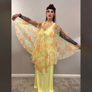 70s Vintage Yellow Floral Maxi Dress Halter Detachable Cape Boho Formal XS/S